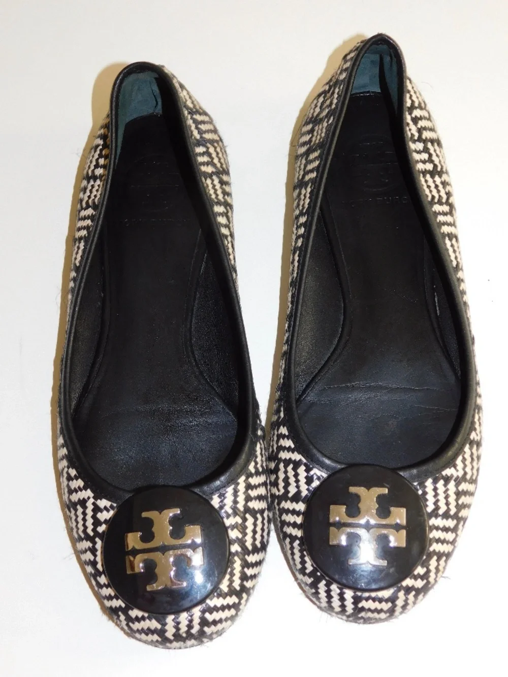 Tory Burch Black and Cream Woven Logo Ballet Flats